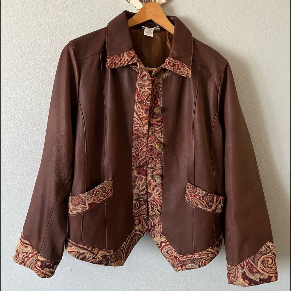 Vintage Genuine LeatherTapestry Patchwork Jacket Women’s L Coldwater Creek EVC